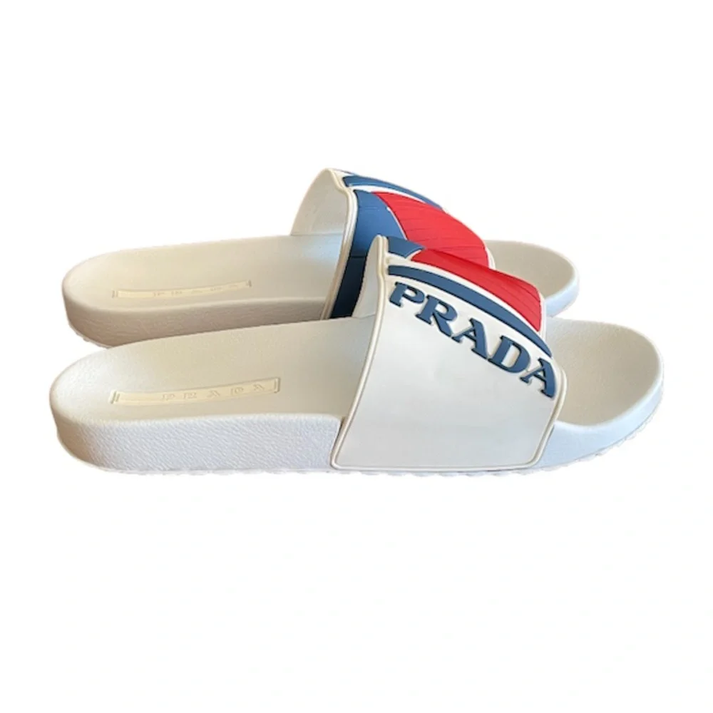 Prada Logo Embossed Poolside Slides Sandals Bianco- Rossi US size 12
